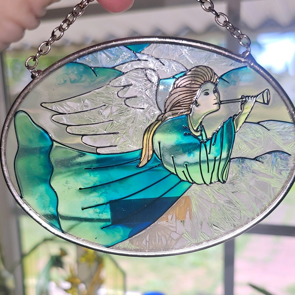 Amia Handpainted Glass Suncatcher Angel with Trumpet Blue Teal‎ Oval Hanging Art